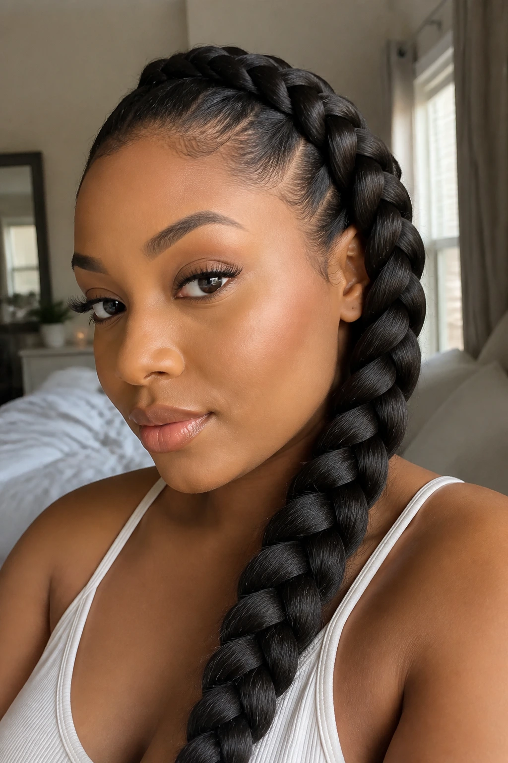 Close-up of a real woman with an easy feed-in side braid starting at the hairline