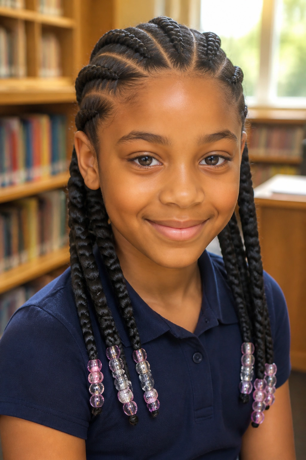 Real girl with feed-in braids and beads in a library setting
