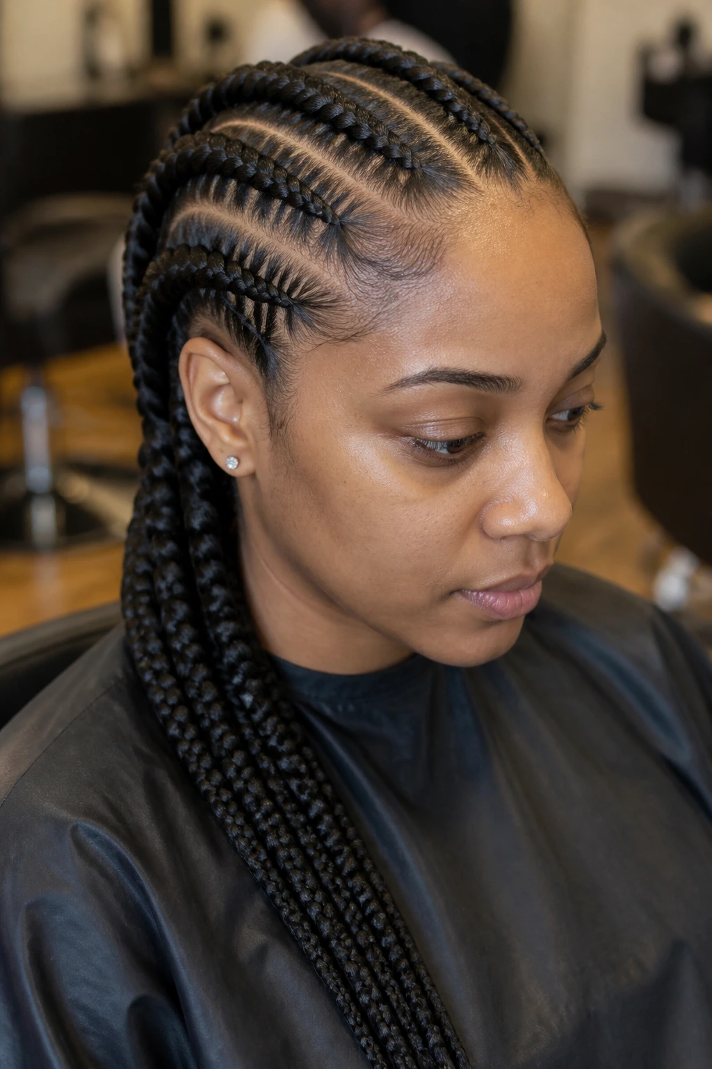 Close-up of a real woman with feed-in braids at the hairline