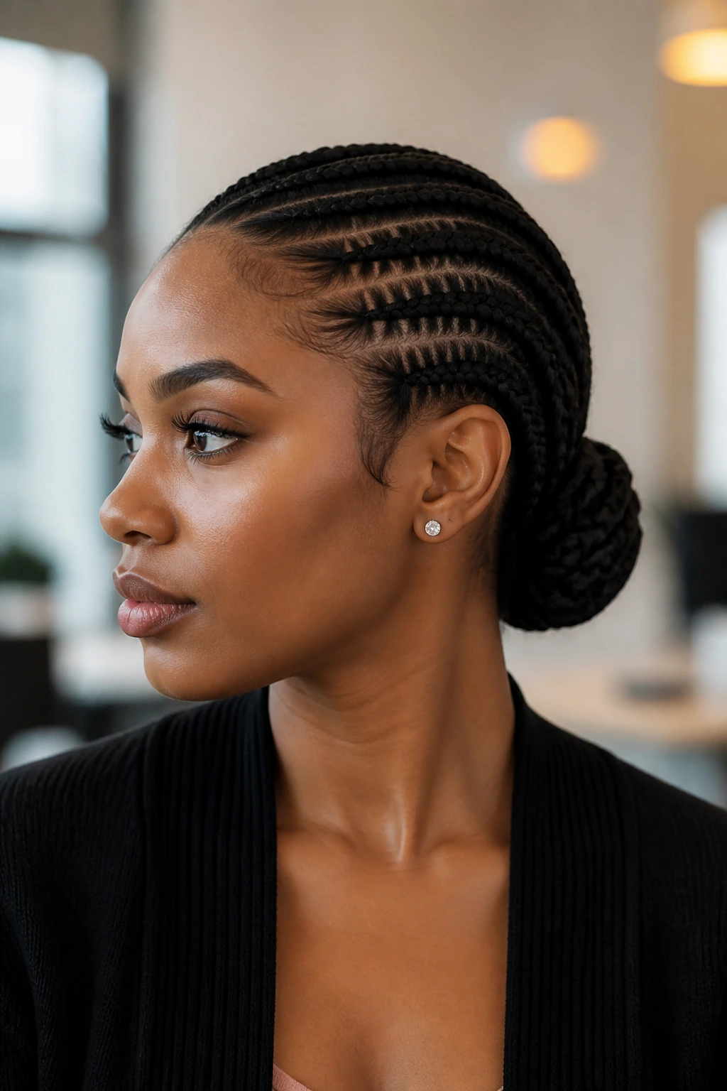 Portrait of a real woman with feed-in braids forming a low bun at the nape