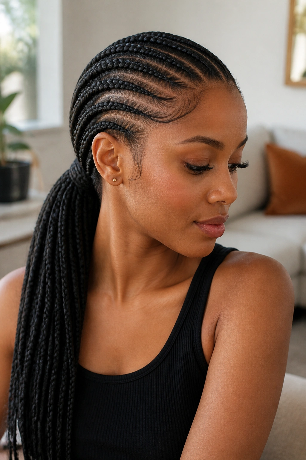 Close-up of a real woman with low feed-in ponytail braids near the nape