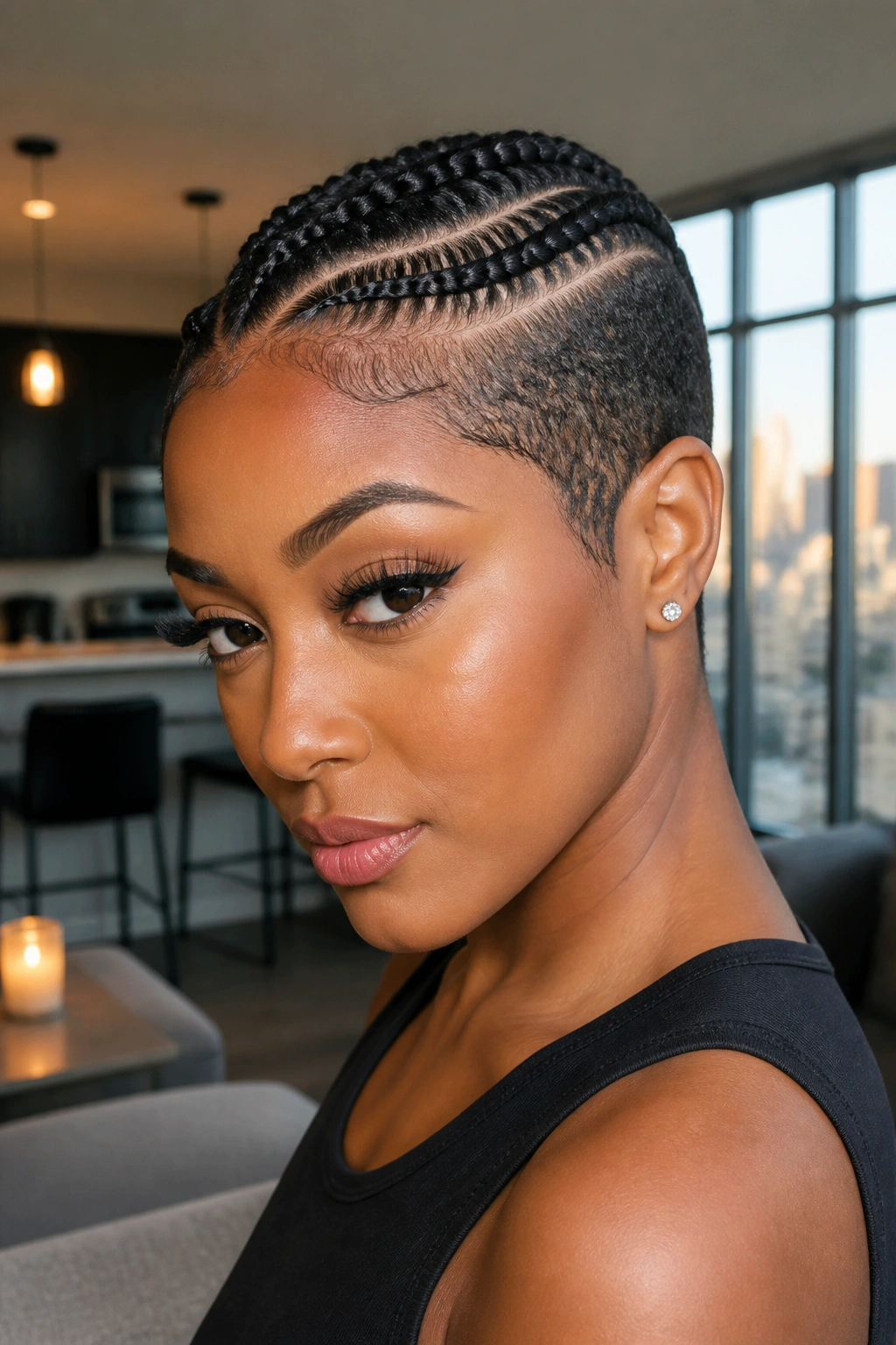 Profile portrait showing curved feed-in braids across a tapered pixie on a real person.