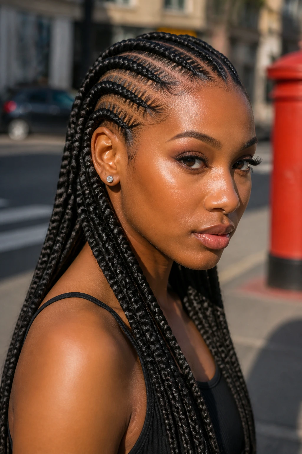 Close-up of a real woman with feed-in braids showing gradual thickness along the scalp