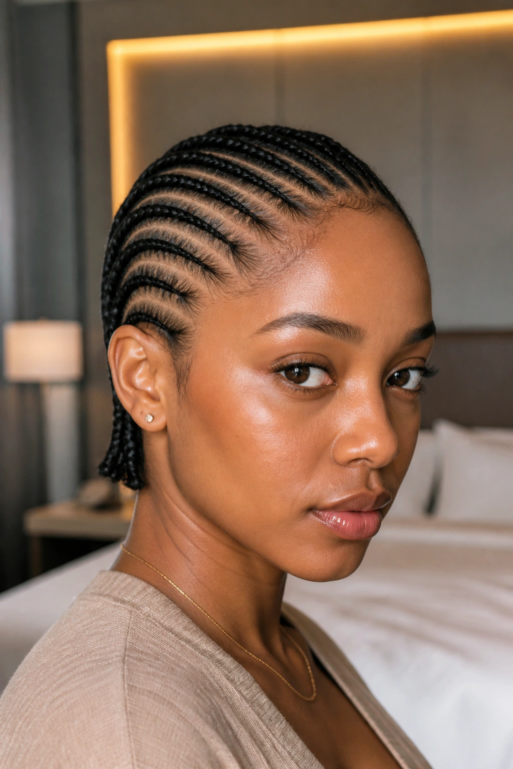 Close-up of feed-in stitch braids starting thin at the hairline and tapering into a sleek finish.