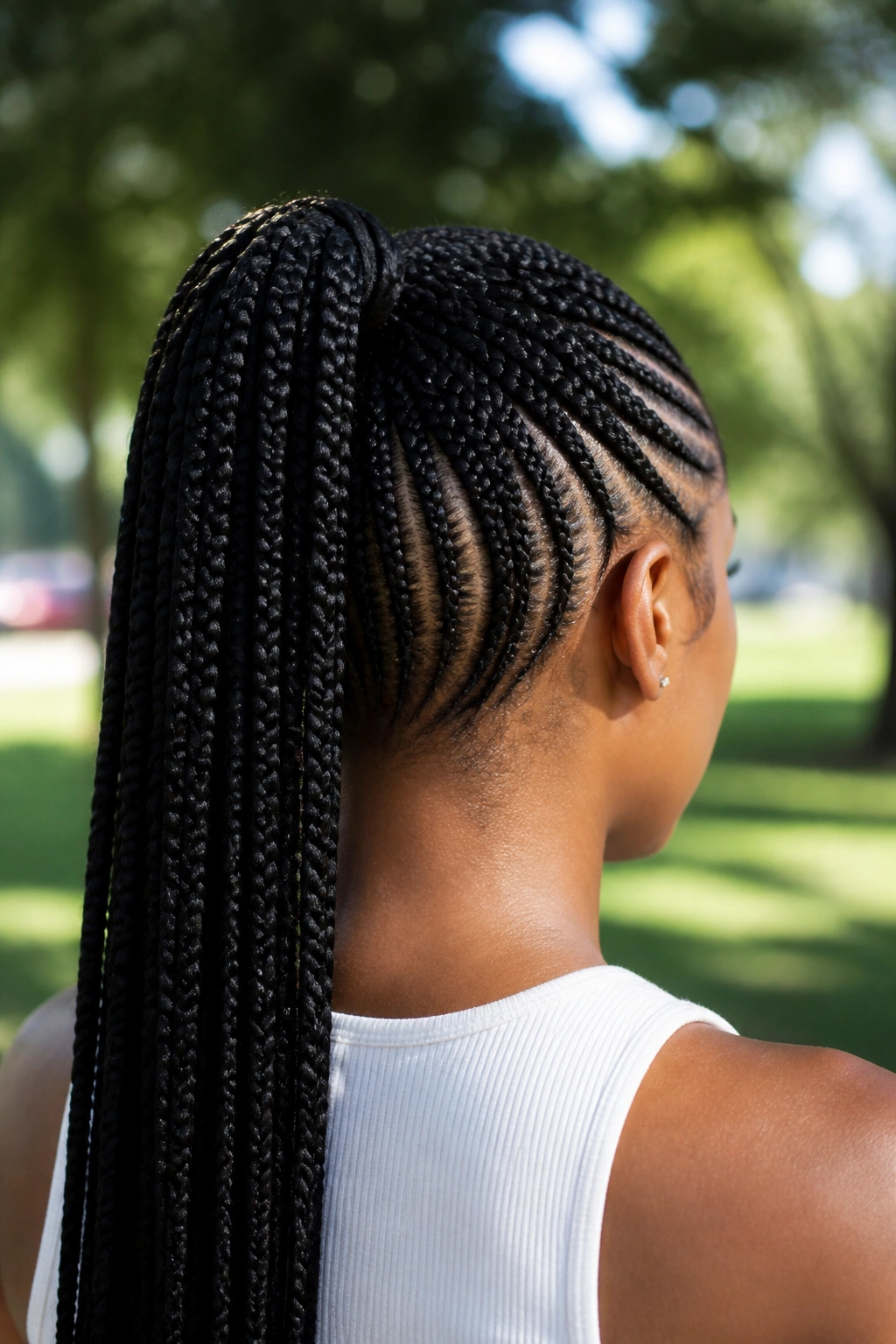 Back-of-head portrait of a real woman with feed-in cornrows into a ponytail