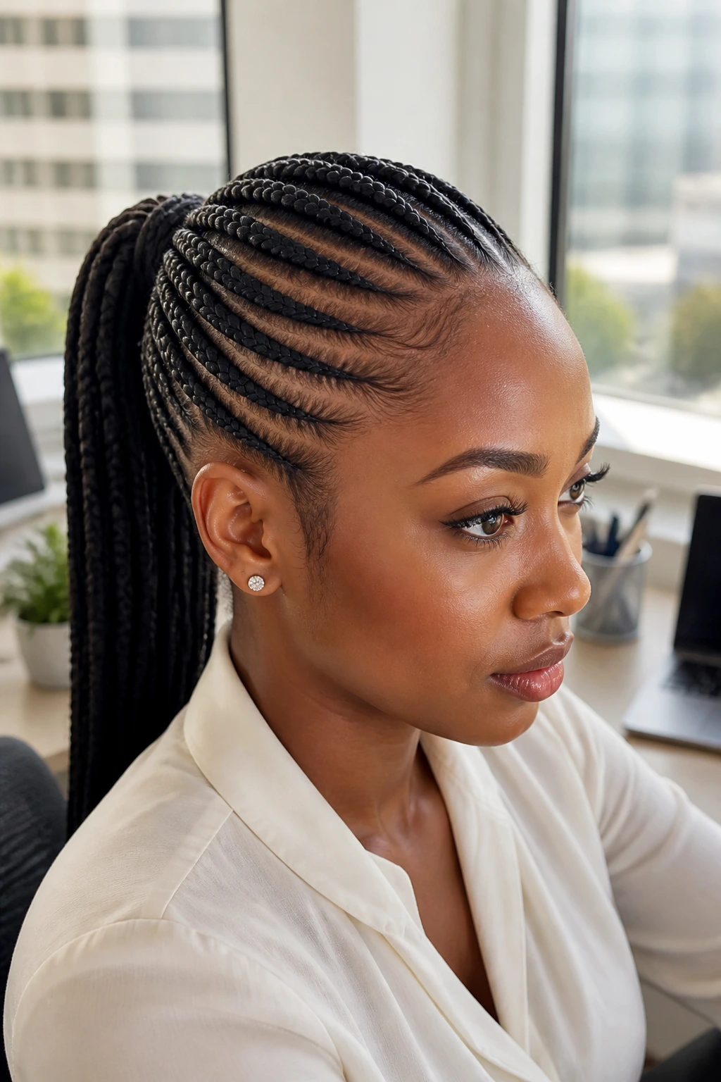 Close-up of a real woman with feed-in cornrows into a ponytail