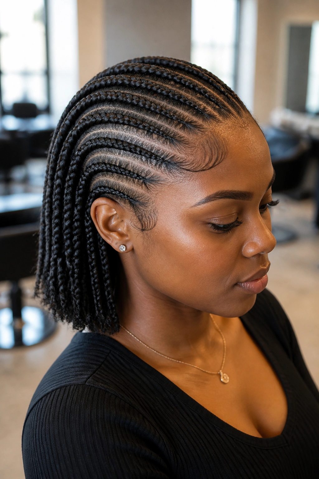 Close-up of feed-in cornrows on a bob-length hairstyle