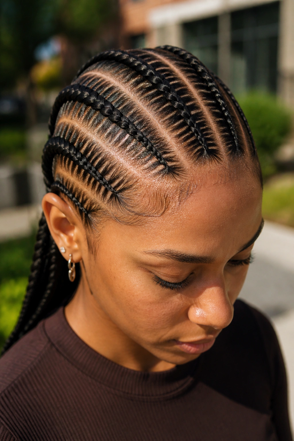 Close-up of a real person with feed-in cornrows in an outdoor setting