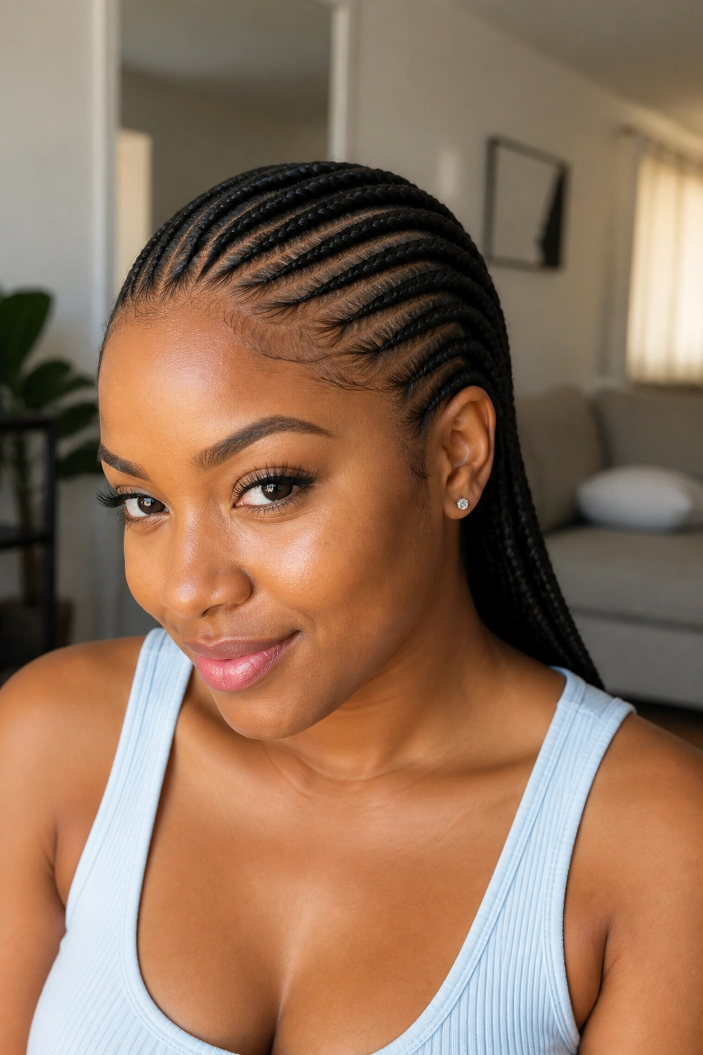 Close-up of a real woman with feed-in straight back cornrows showing gradual fullness