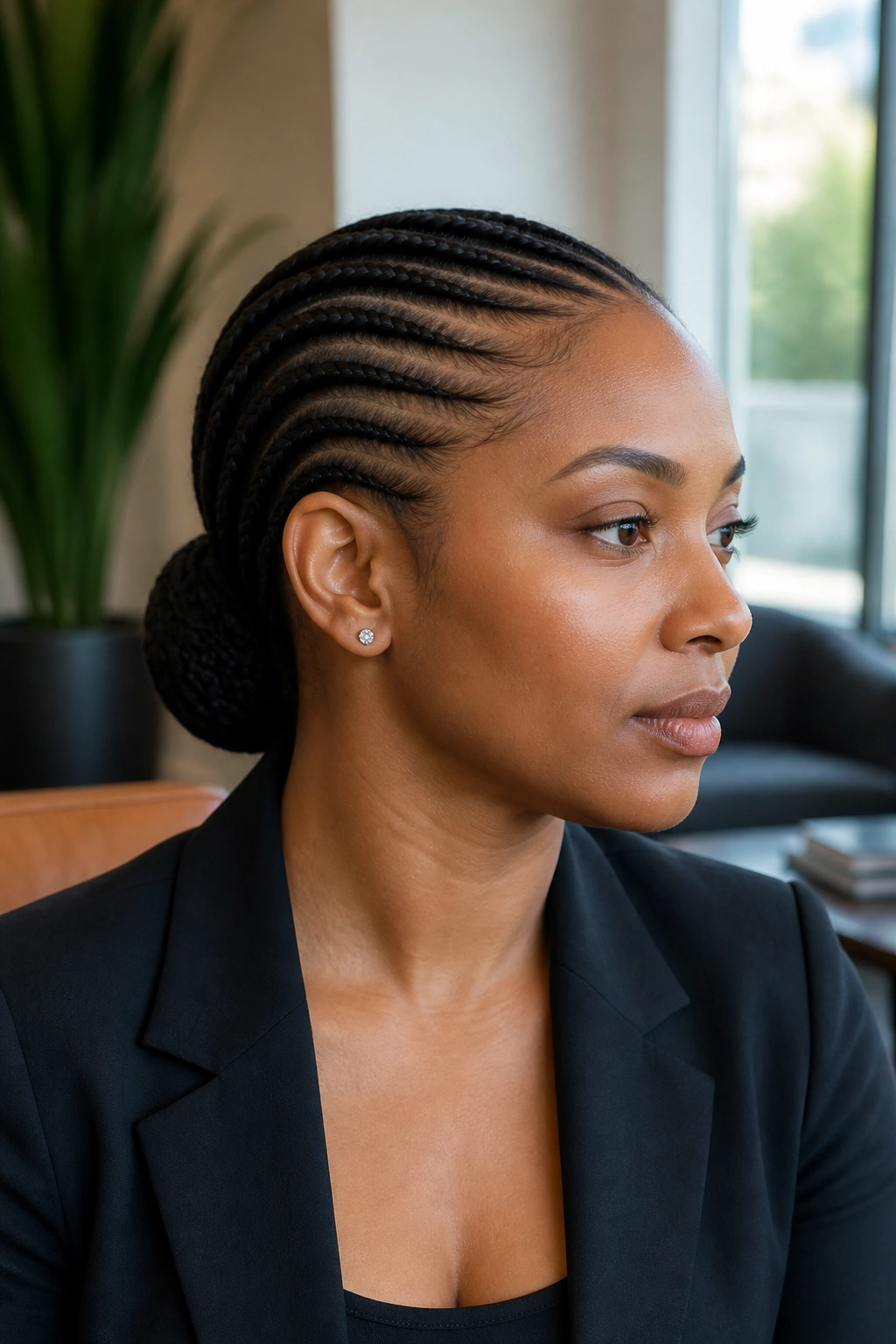Close-up portrait of a real woman with feed-in cornrows ending in a low bun at the nape