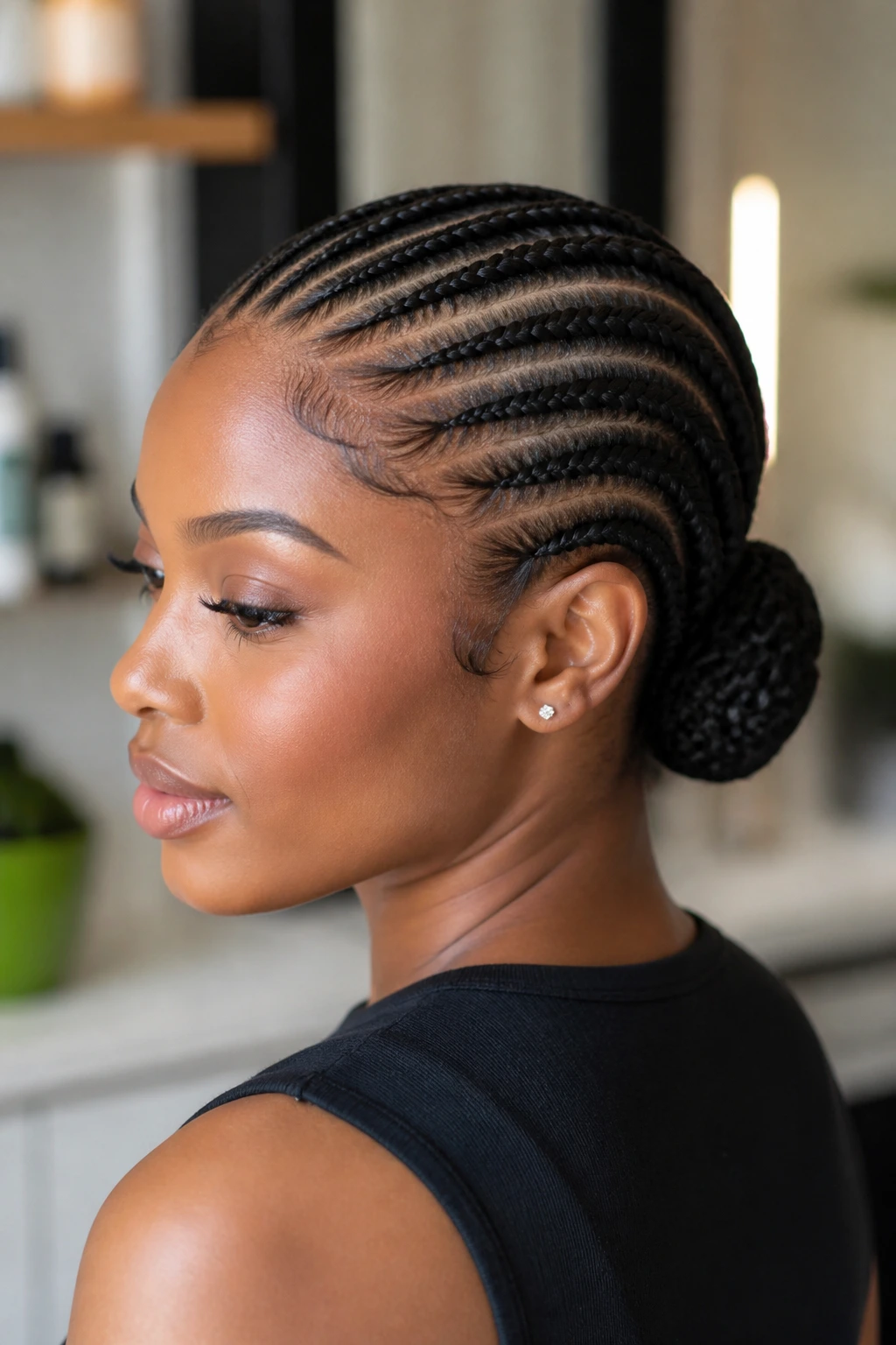 Close-up portrait of a real woman with feed-in cornrows transitioning to a low bun