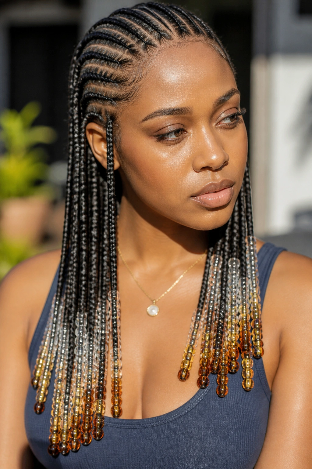 Long feed-in cornrows with ombre beads on a real person in natural light