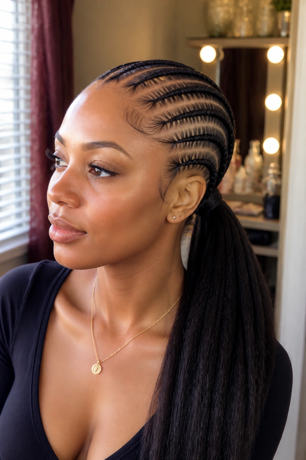 Real Black woman with feed-in cornrows forming a low ponytail in natural home light