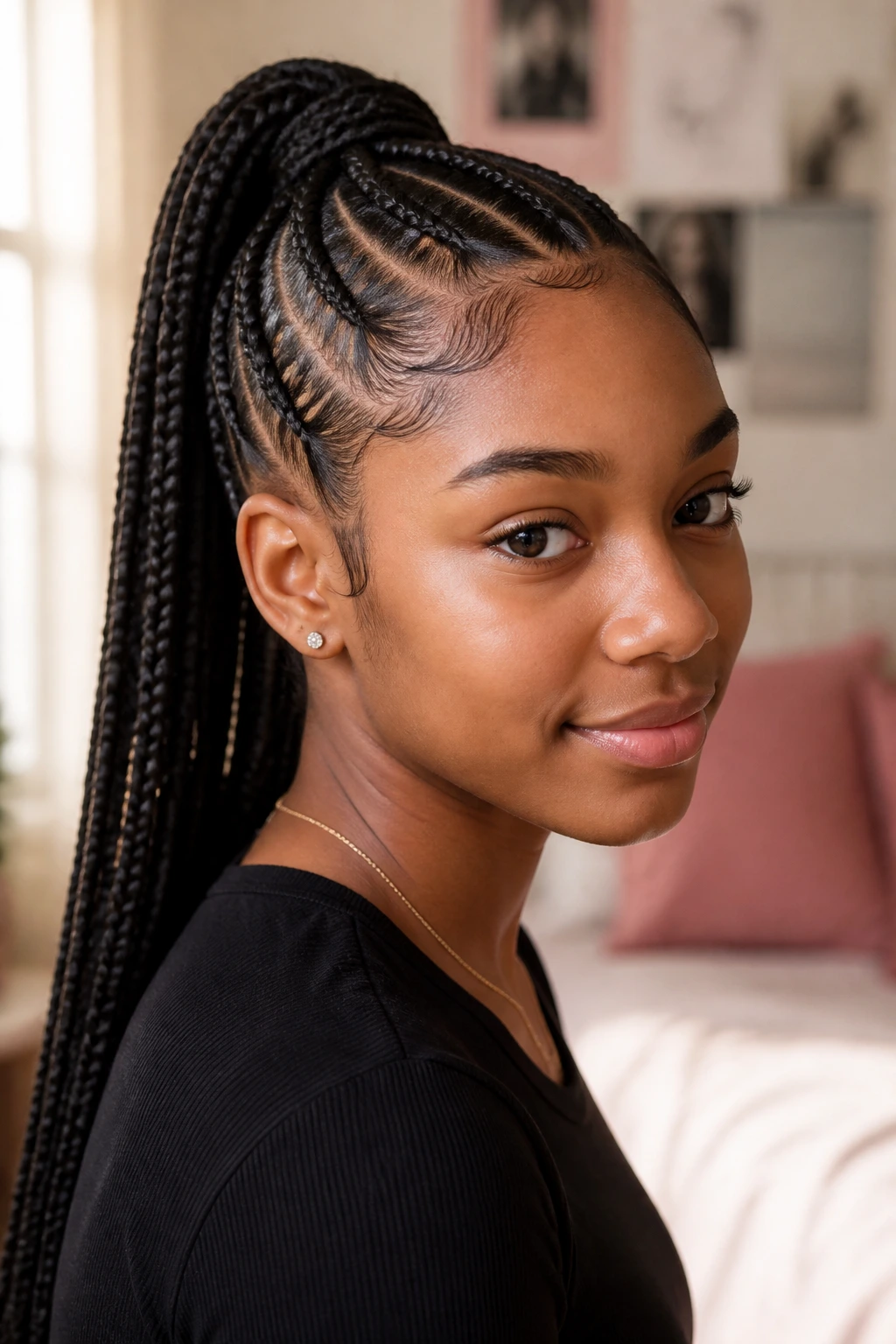 Close-up of feed-in cornrow ponytails on a real teen girl in a cozy bedroom with natural light