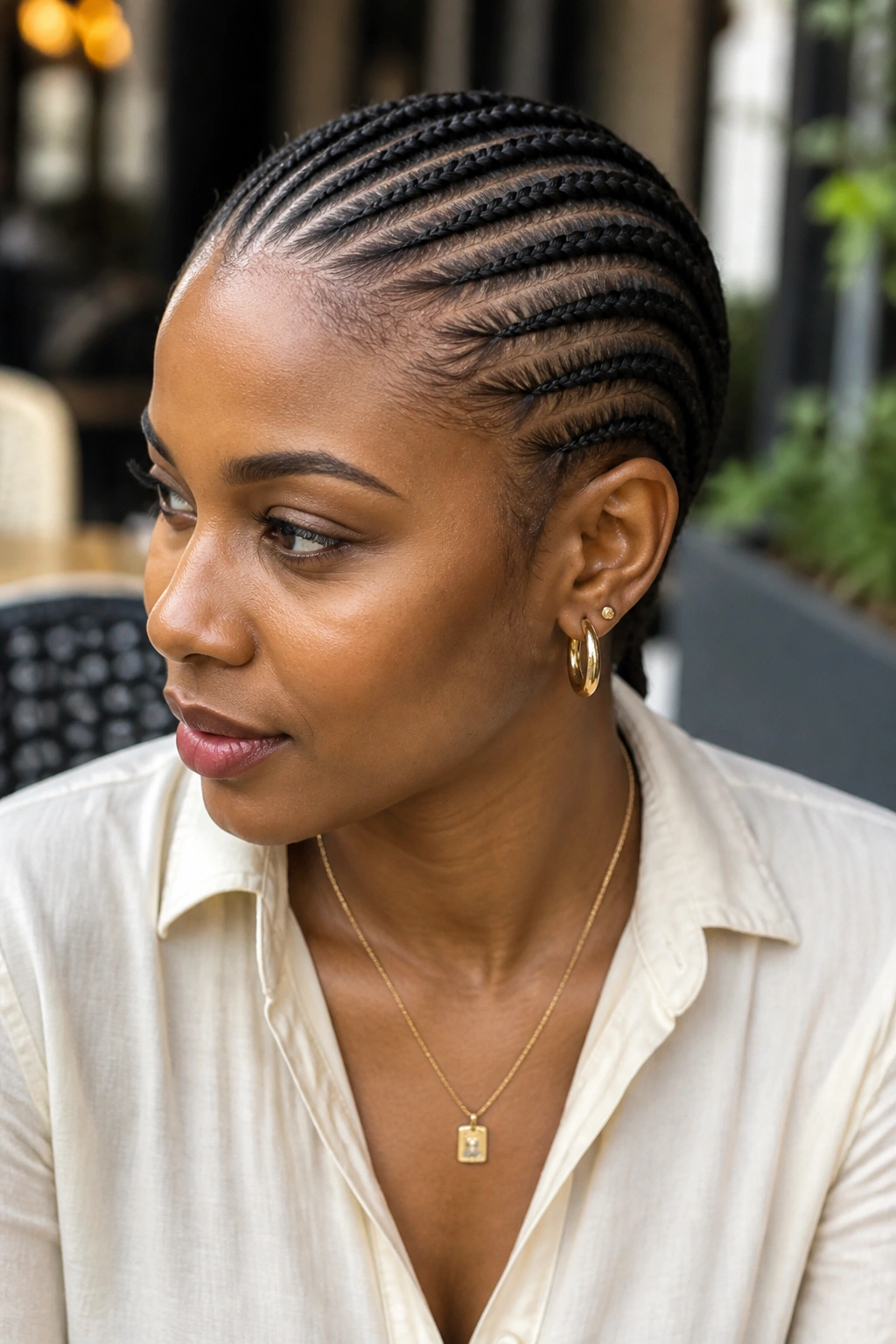 Close-up of a woman with feed-in cornrows outdoors