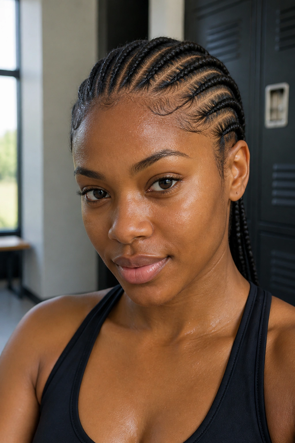 Close-up portrait of a real person with Feed-In Cornrows filling the frame