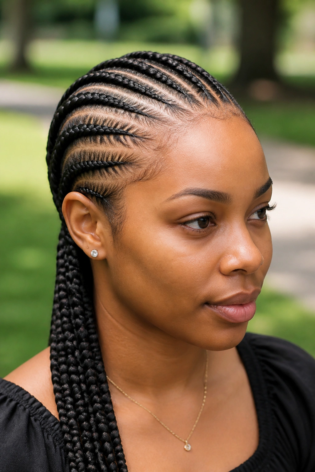 Close-up of a woman with feed-in cornrows starting small at the hairline