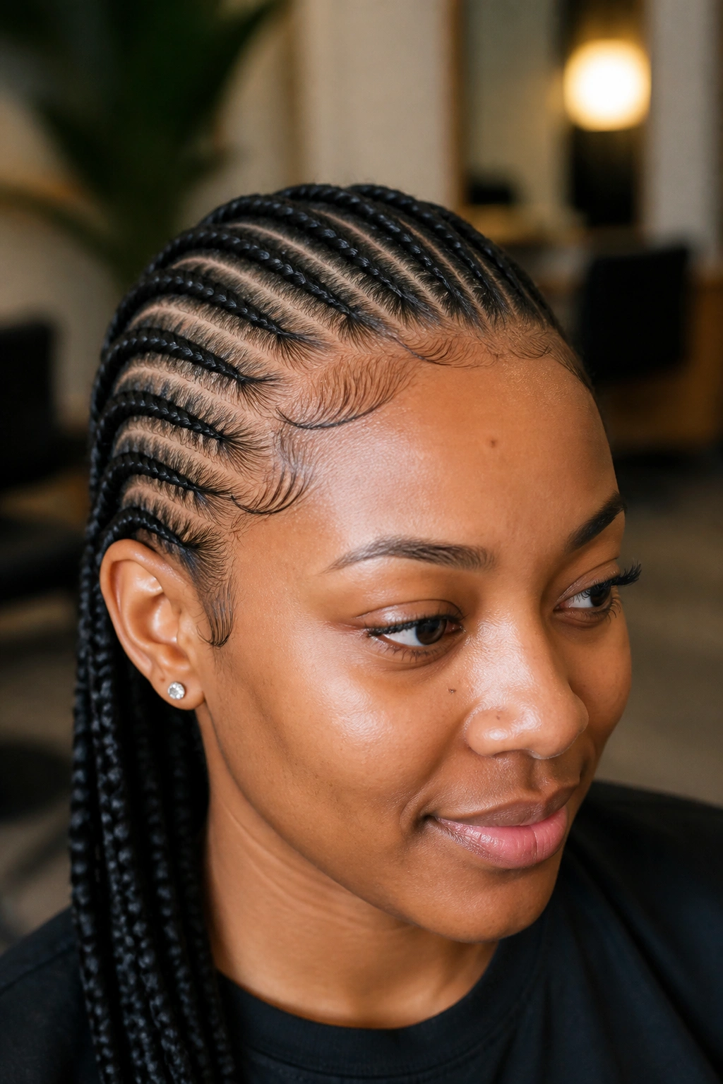 Close-up of real person with feed-in cornrows and a soft tapered hairline