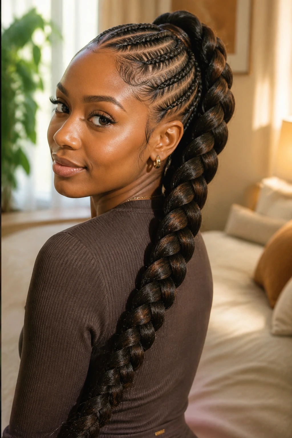 Three-quarter portrait of chunky feed-in braided ponytail on a real person