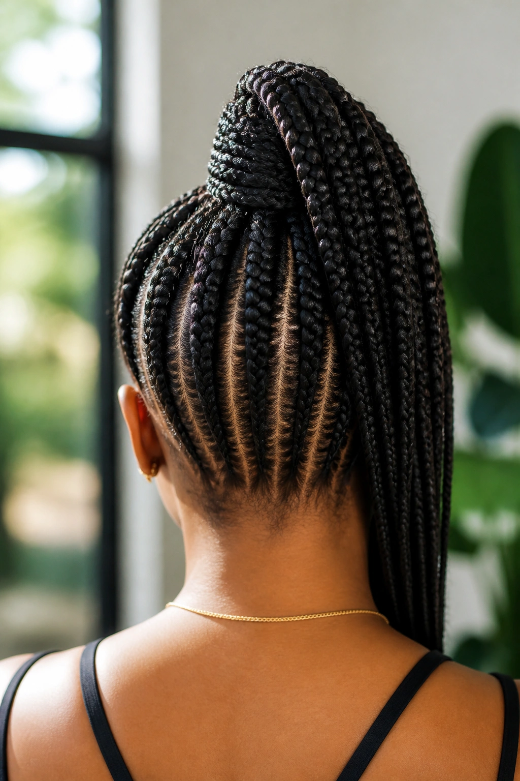 Back view of a real woman displaying a feed-in ponytail with a wrapped base in natural light