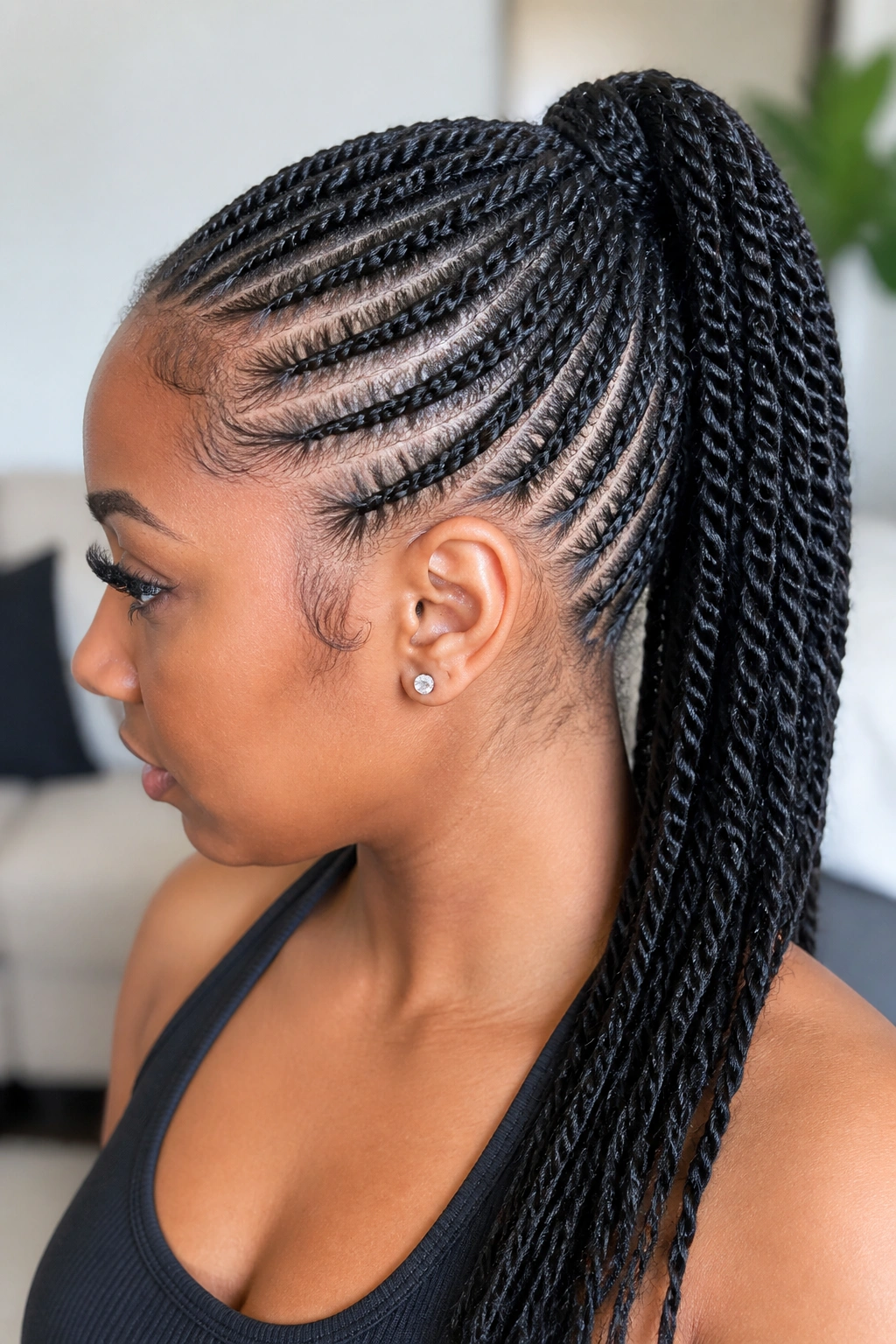 Close-up of a real woman with a feed-in twist ponytail