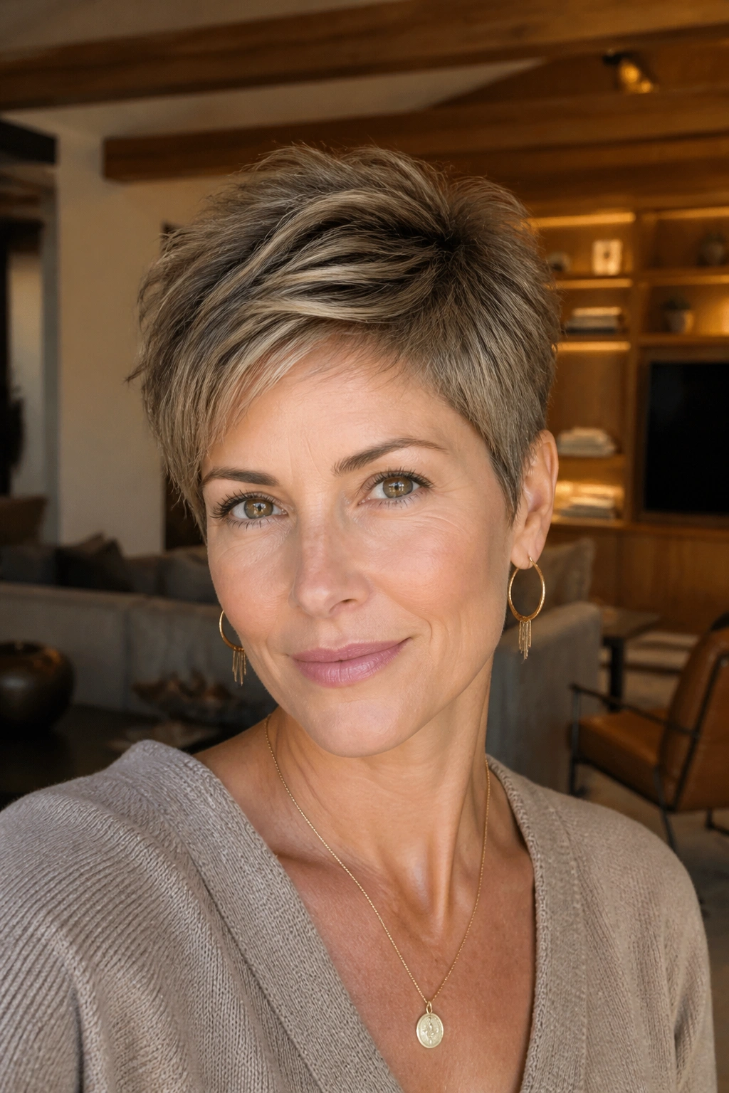 Real woman with feminine tapered pixie, refined and elegant portrait.