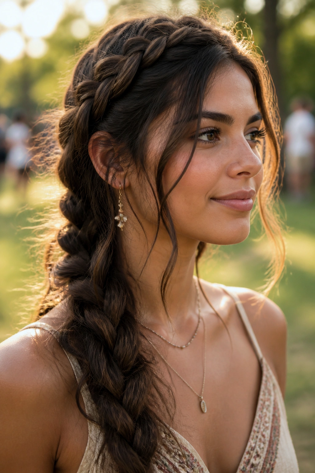 Close-up of a real woman's loose festival braid with tendrils in golden-hour light