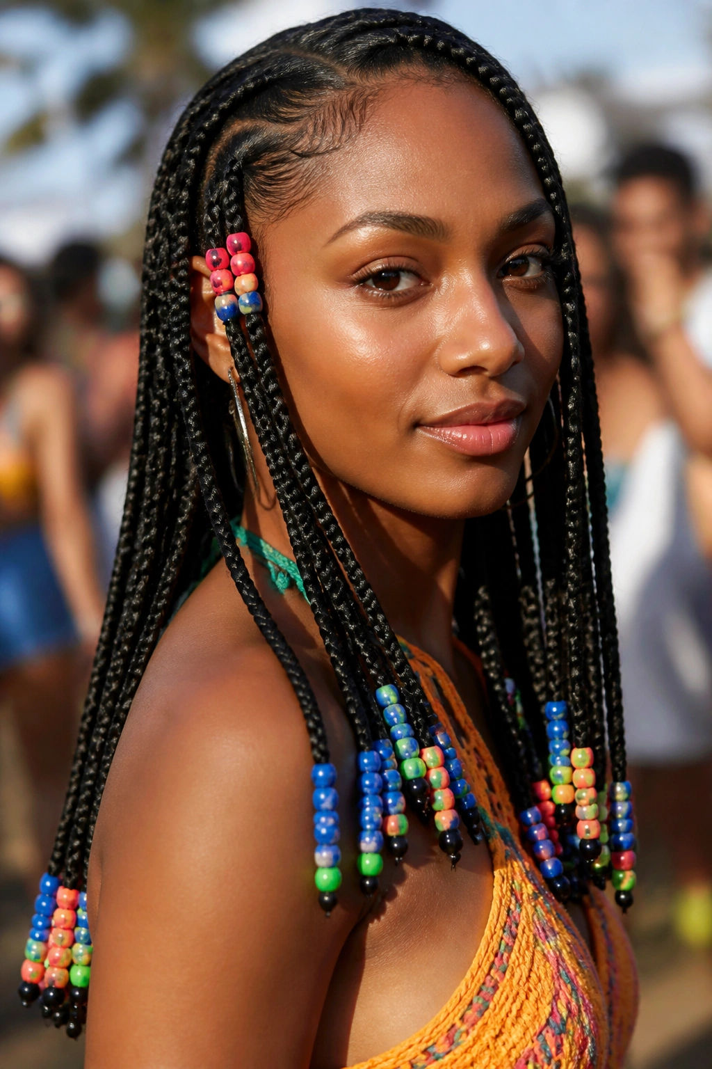 Close-up of festival-style braids with color pops on a real person at an outdoor festival