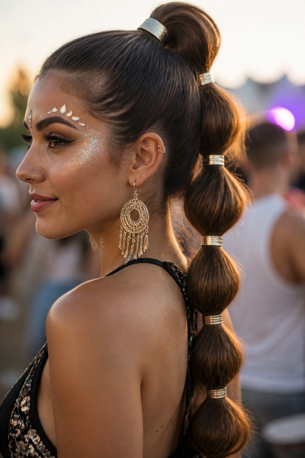 Close-up of a real person with a festival bubble ponytail and metallic elastics.