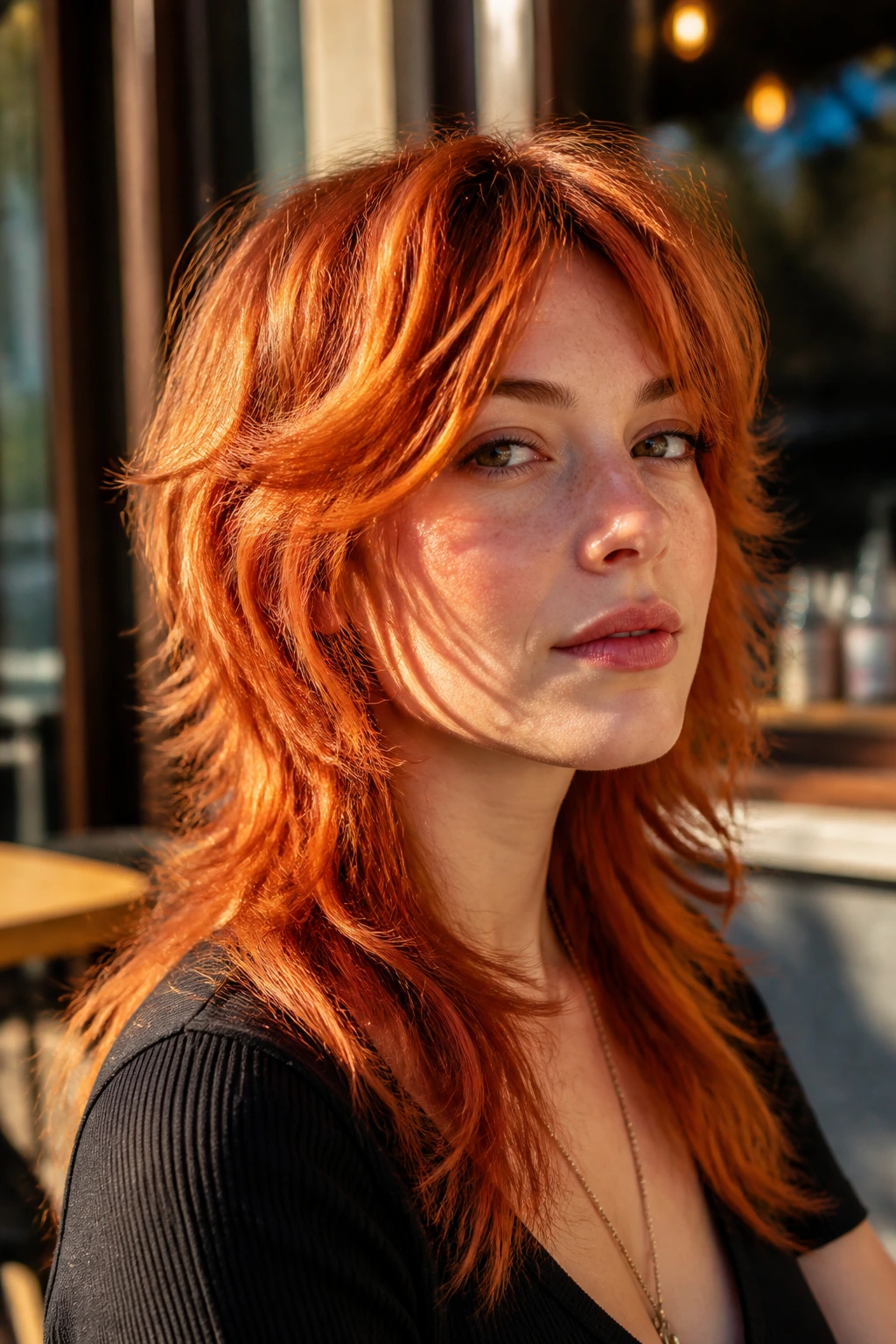 Close-up portrait of a real person with fiery copper wolf cut