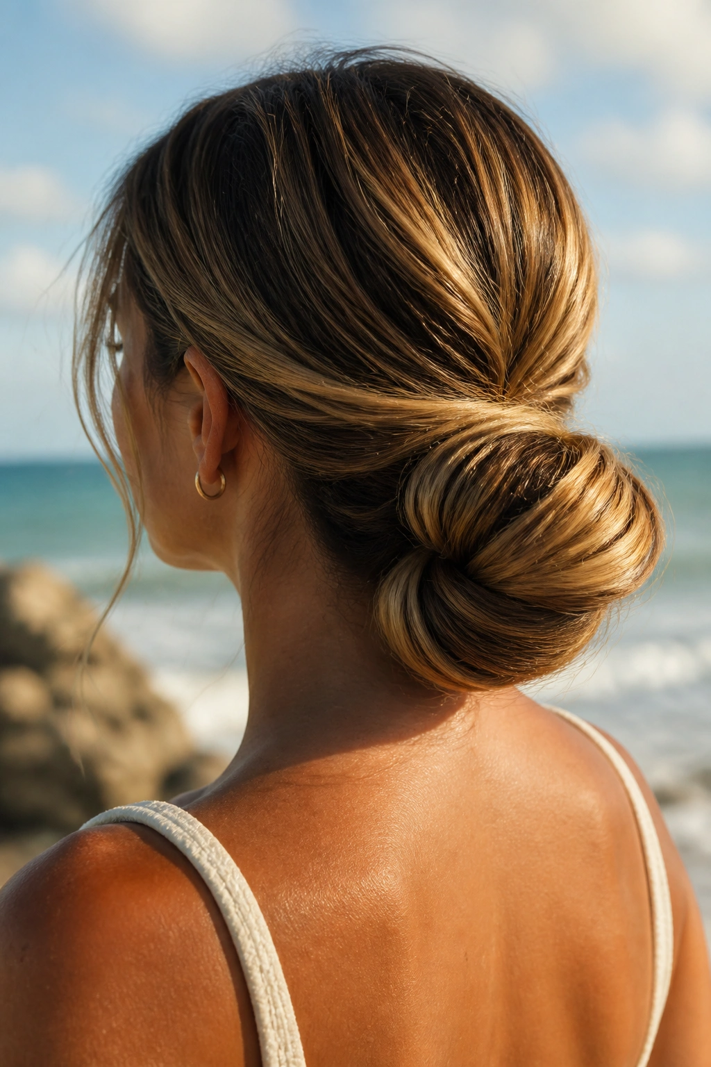 Portrait of a woman at the beach with a figure-eight tucked bun