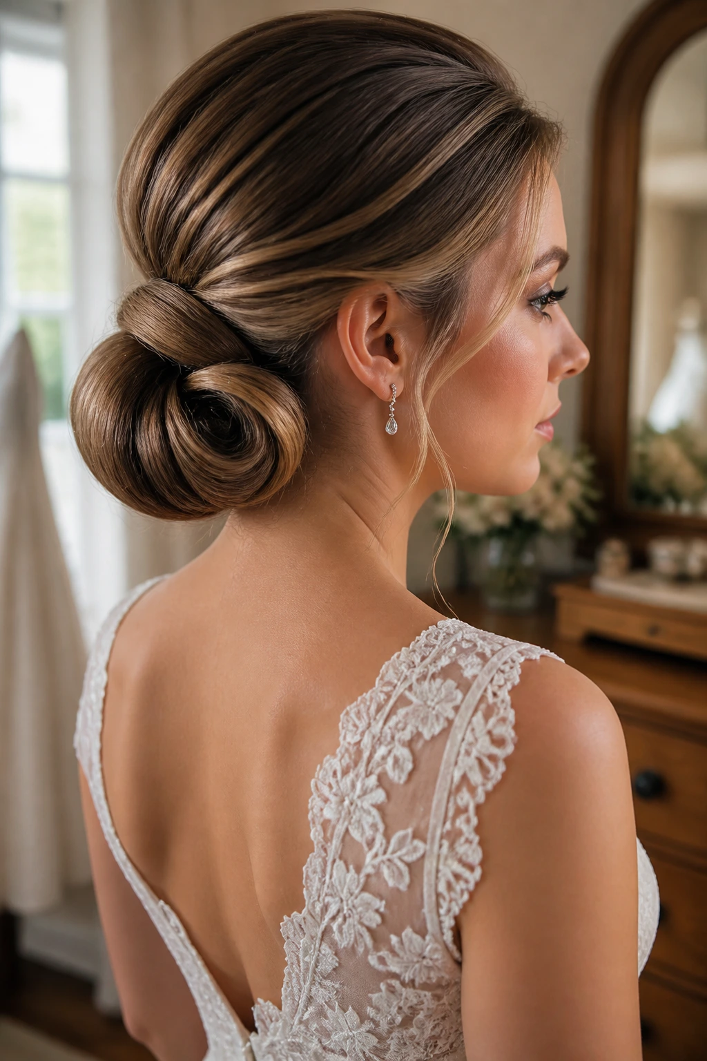 Close-up of a bride with a figure-eight bun at the nape, two overlapping loops, polished hairstyle