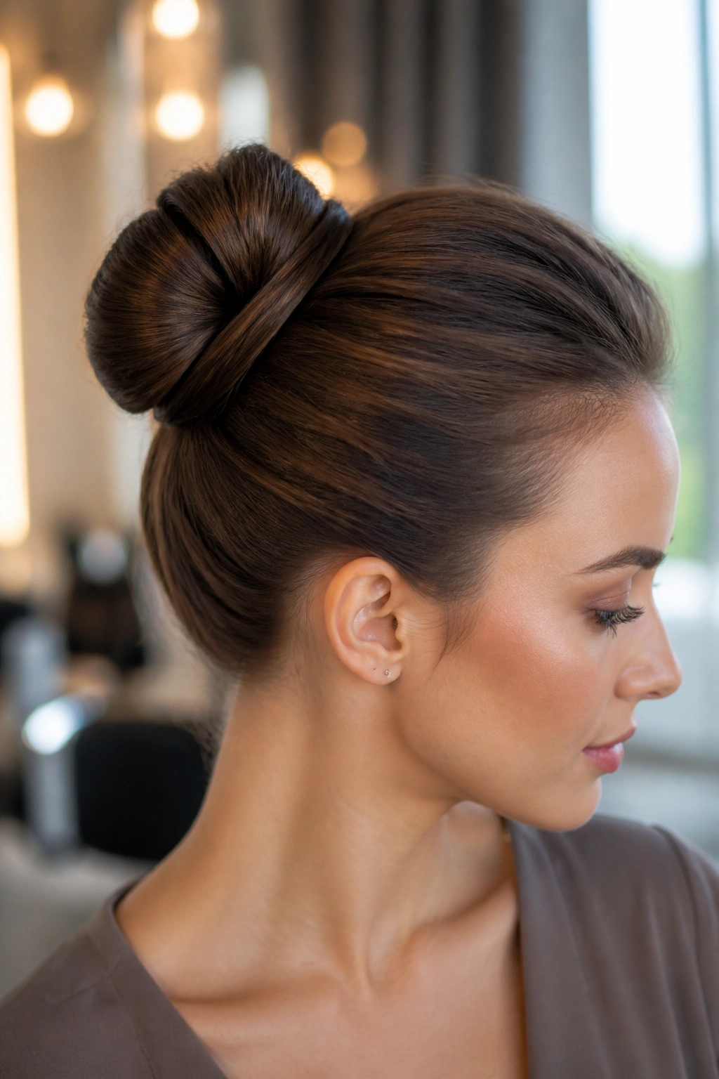 Close-up of a real woman with a figure-eight bun formed by two loops