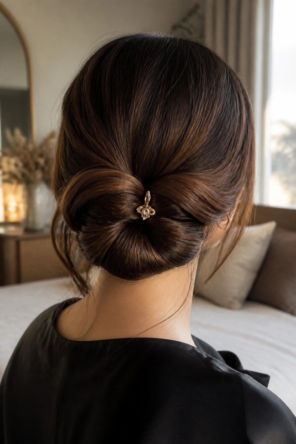 Back view of a figure-eight twist bun on a real woman