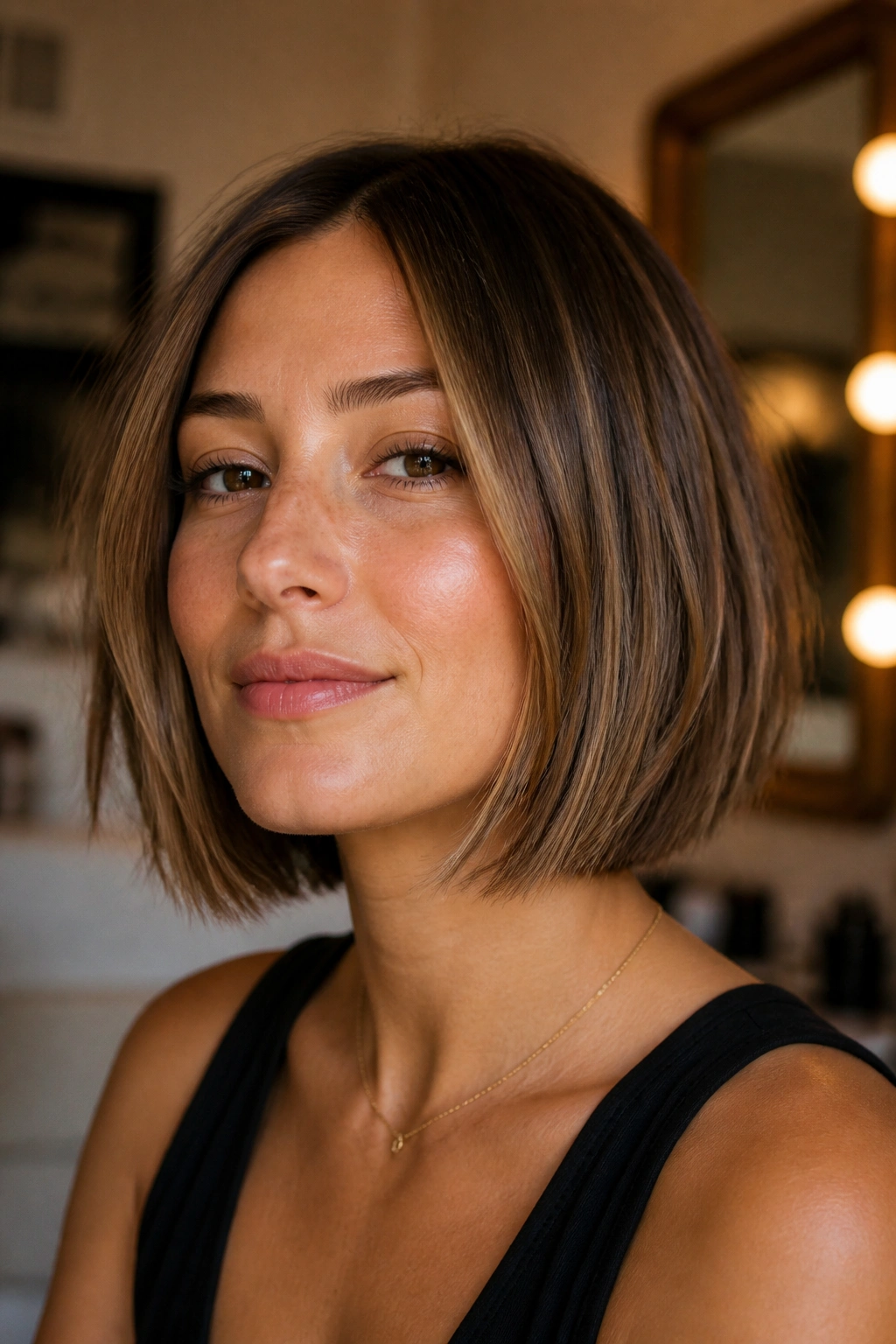 Real woman's neatly sliced bob highlighting clean perimeter