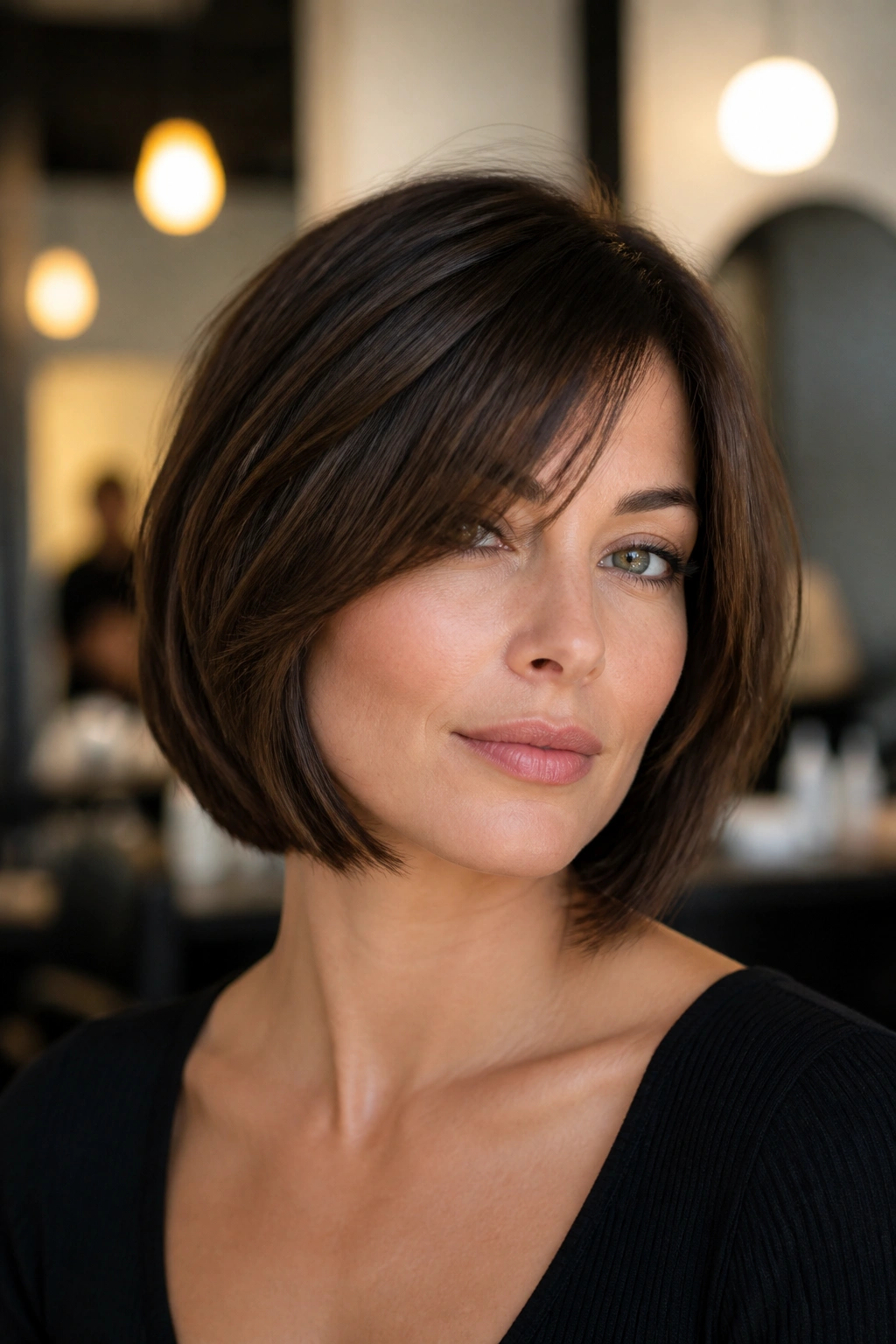 Close-up portrait of a real woman with a bob that flatters angular faces in a salon