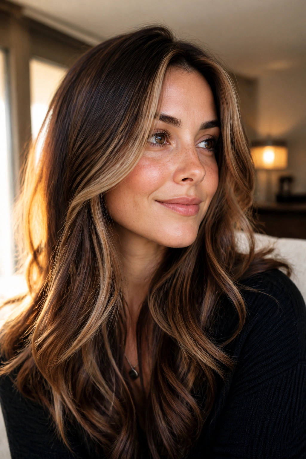 Close-up of brown hair with caramel ribbons and bronde framing on a real person