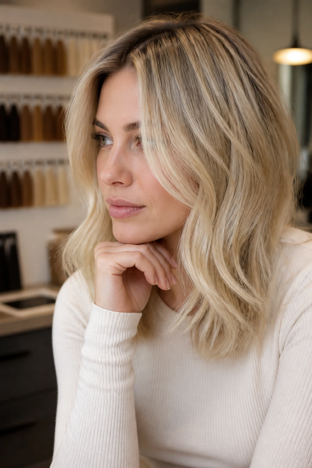 Close-up of a real person in a thoughtful salon setting with blurred color swatches behind