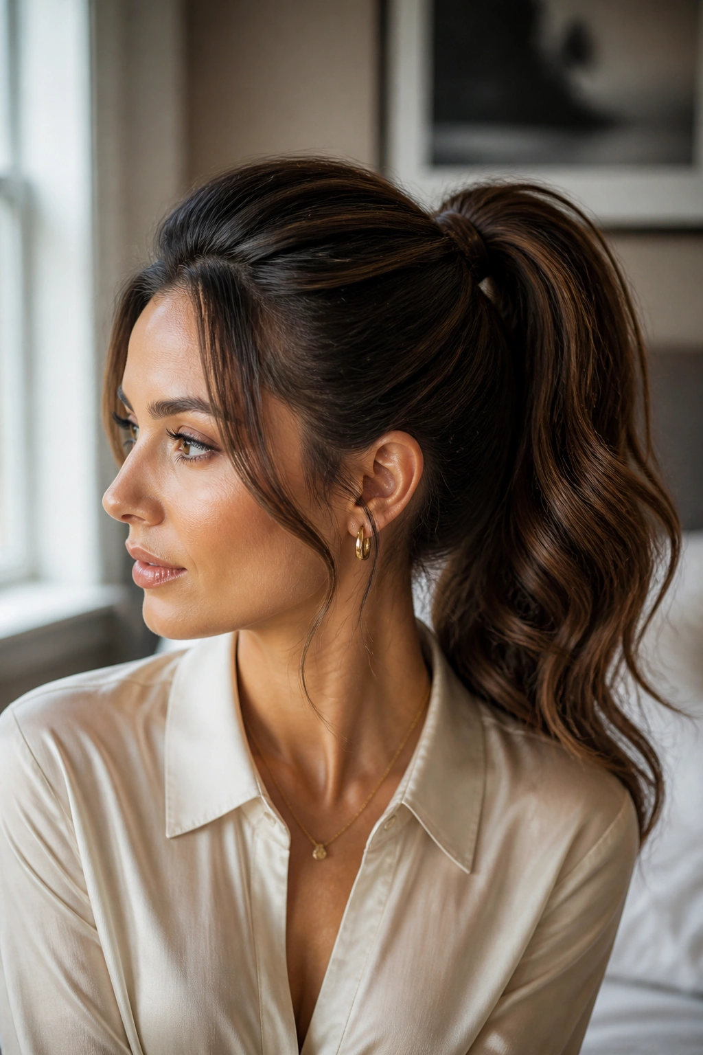 Close-up of a person with a polished ponytail updo, thoughtful mood