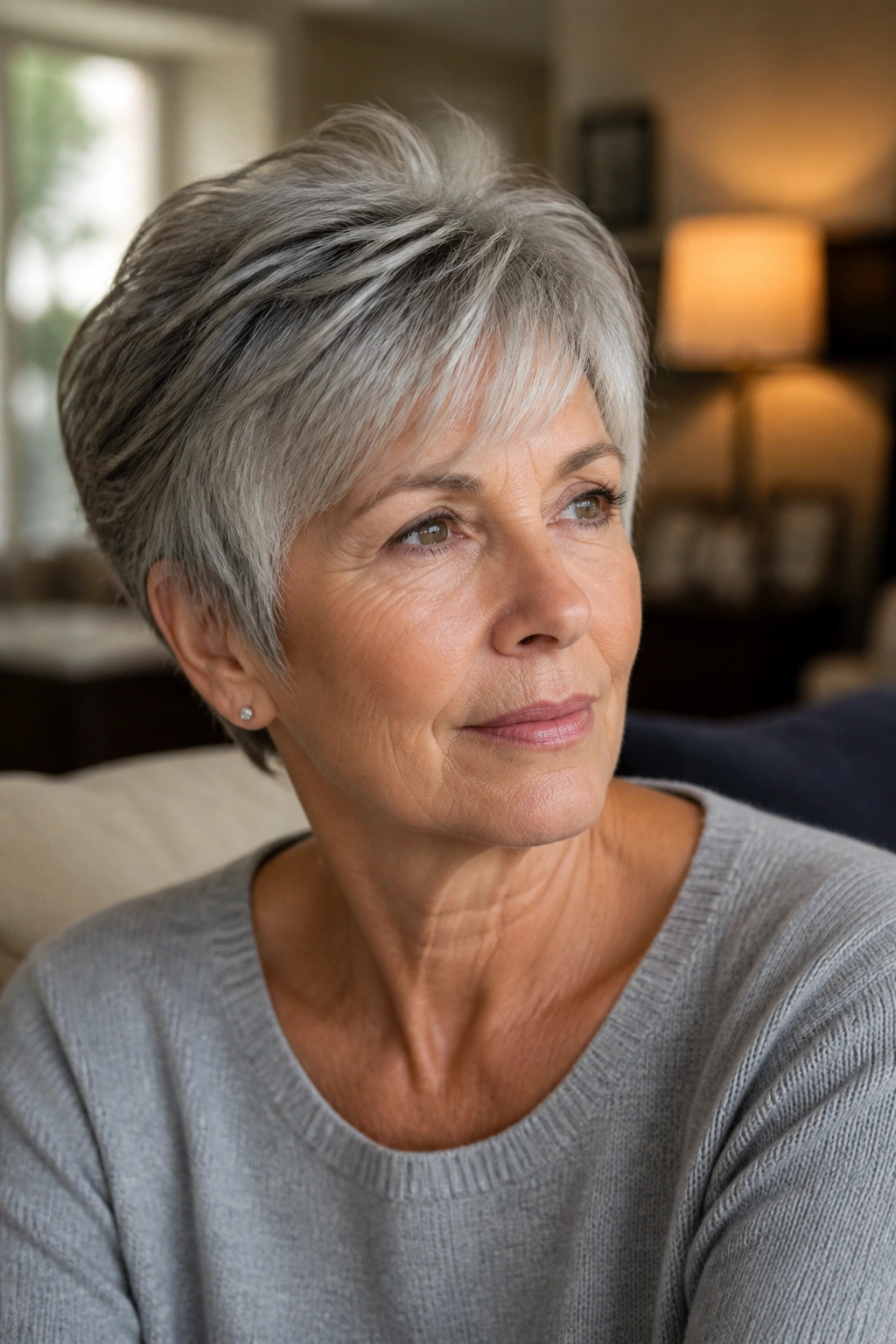 Thoughtful older woman with short gray hair in a cozy living room