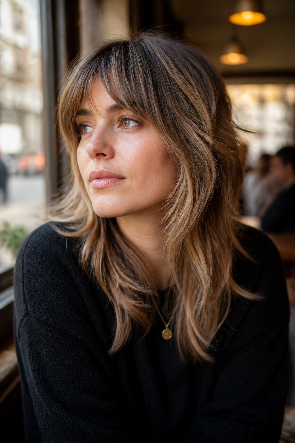 Thoughtful portrait of a woman with wolf cut highlights in a cafe setting