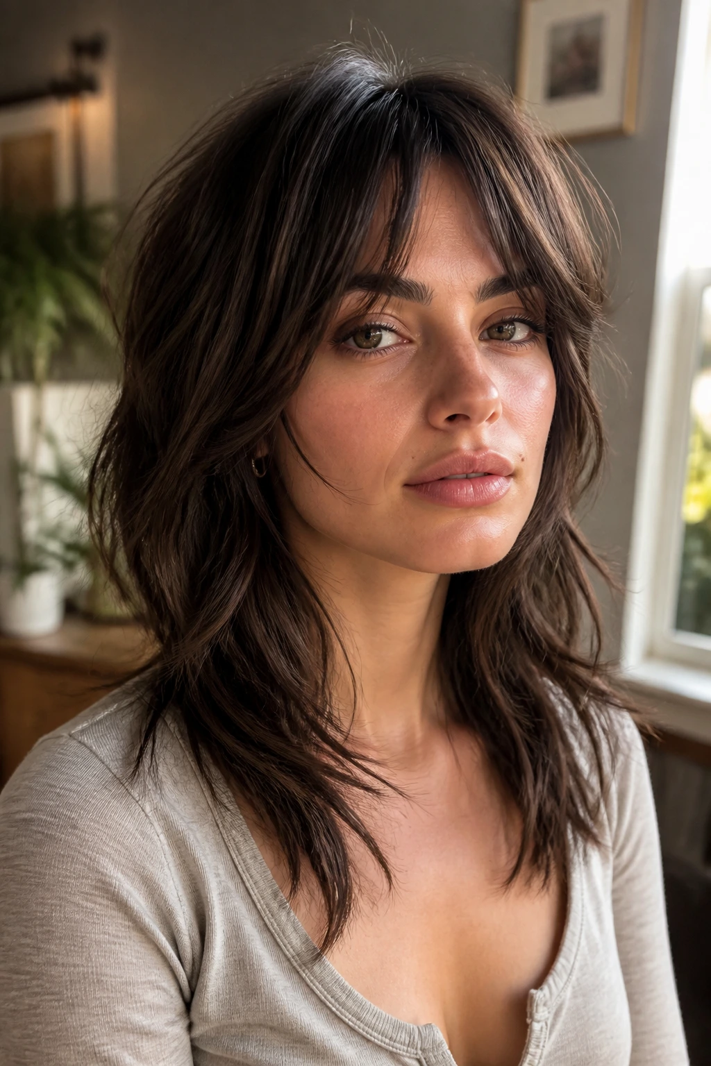 Close-up of a real person with a balanced final wolf cut emphasizing front and back length