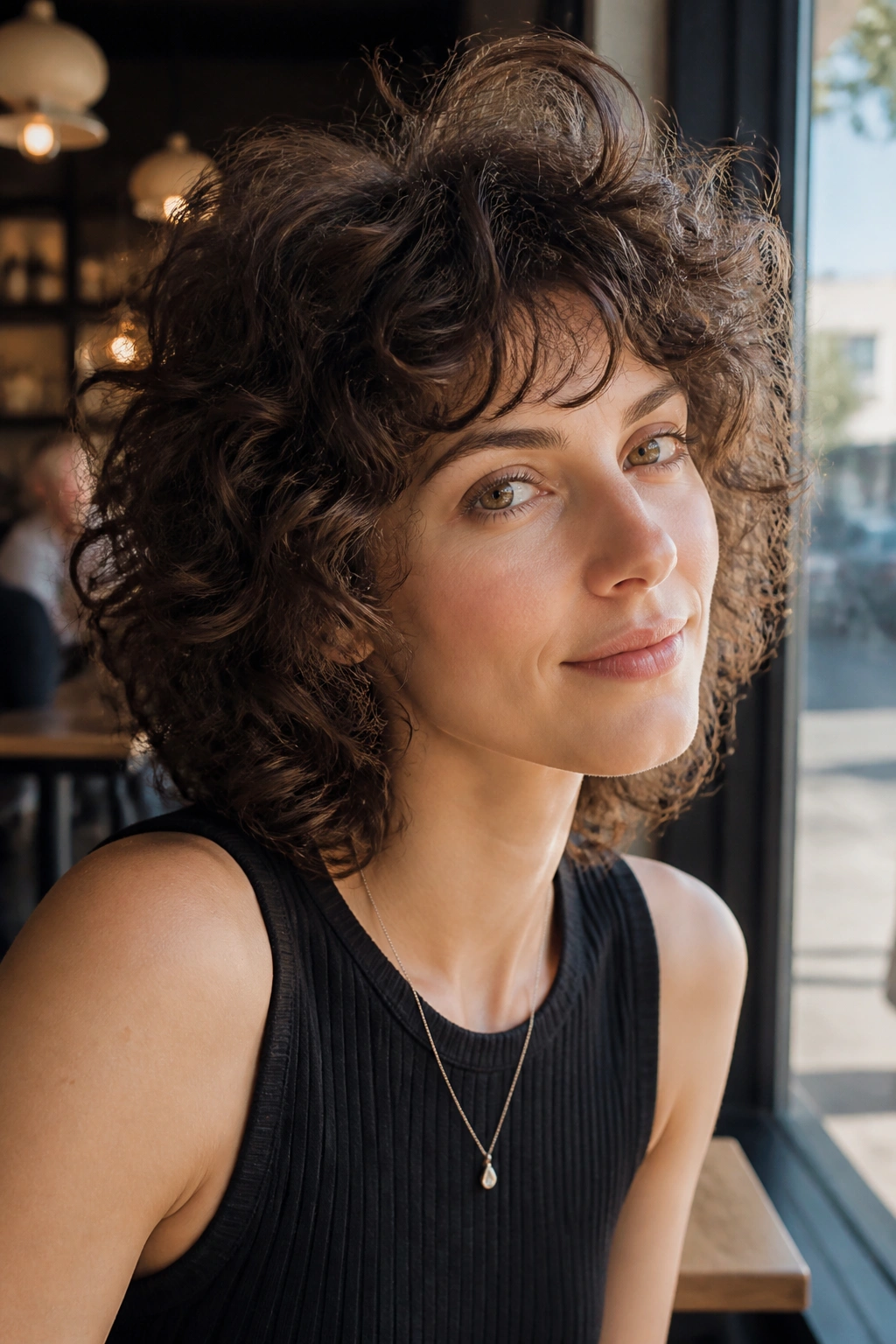 Portrait of a woman with crown-lift fine-curl shag in a sunlit cafe setting.