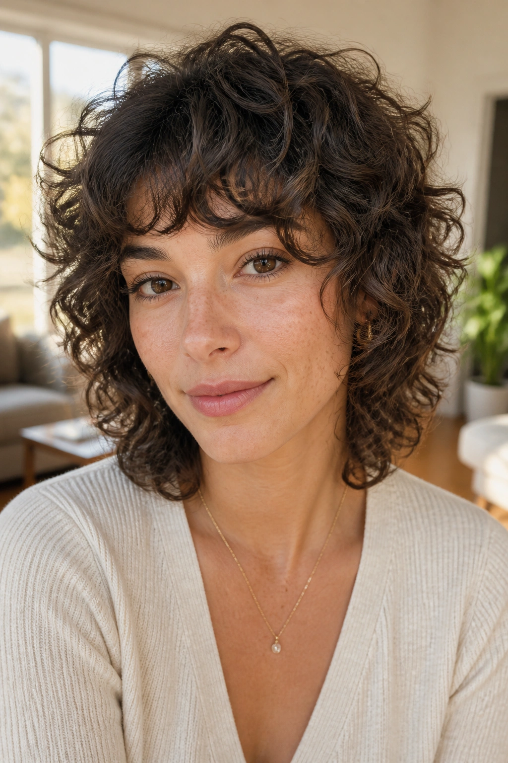 Close-up of a real woman with micro-layered fine curls for a shag