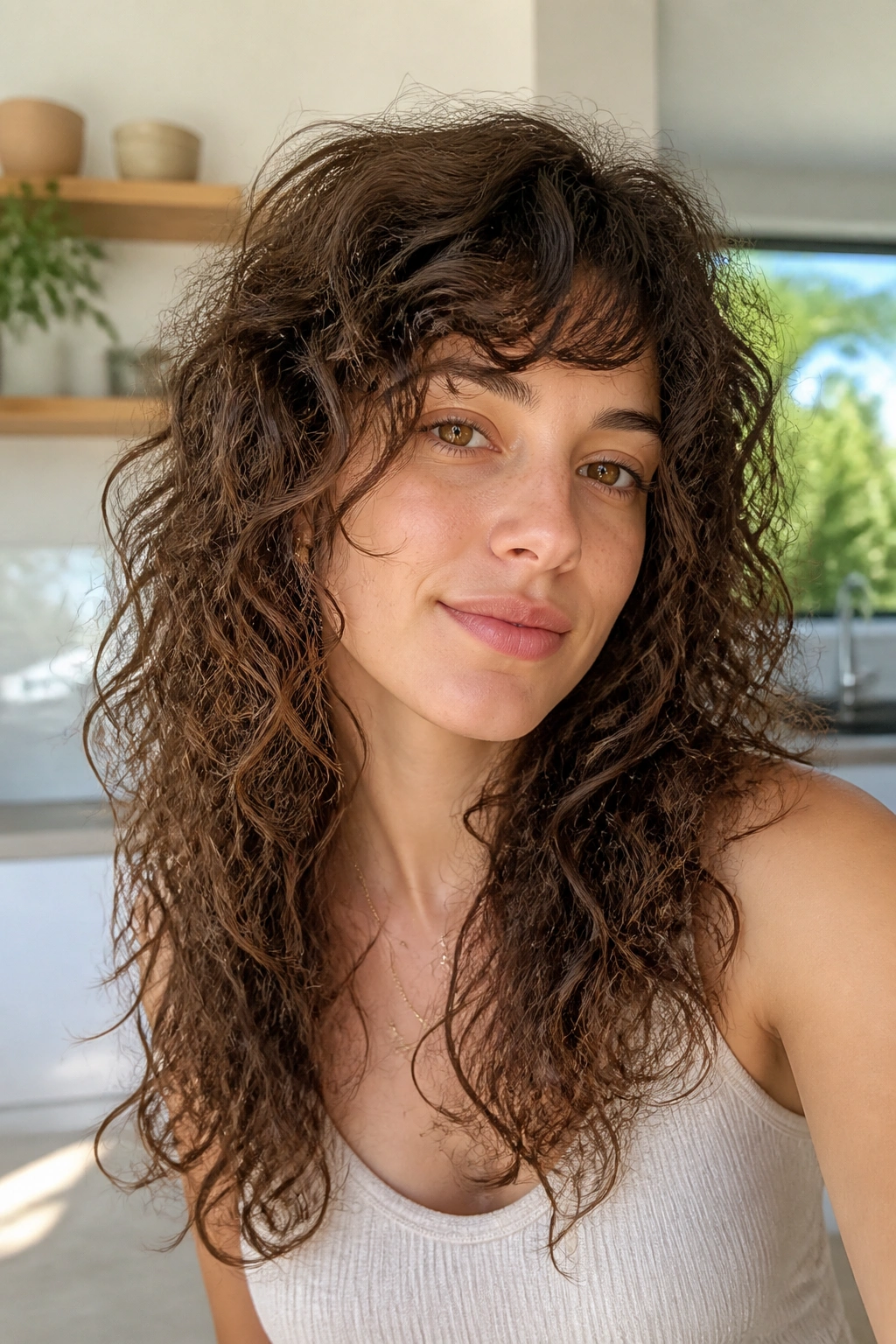 Close-up portrait of a real person with fine curls, showing fuller perimeter and gentle layering