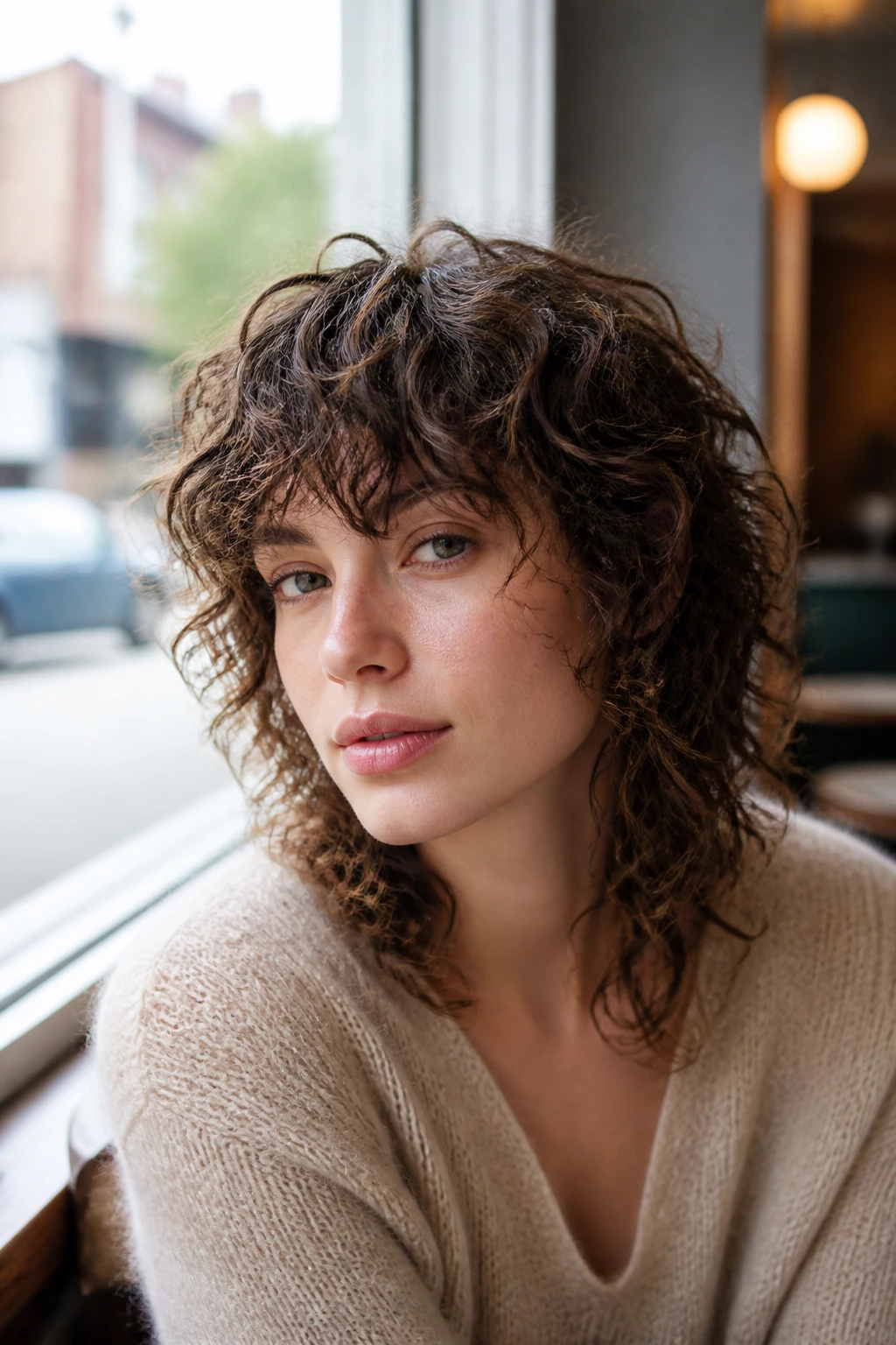 Close-up of a real person with a lightweight wolf cut for fine curls in natural daylight