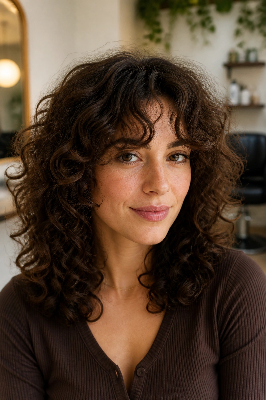 Close-up of a real woman with fine curly hair and a fuller curtain fringe in a salon