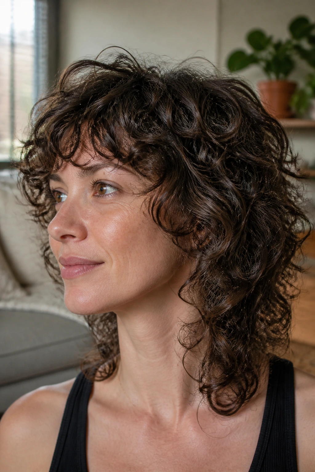 Close-up of a real woman with fine curls and invisible layers for lift.