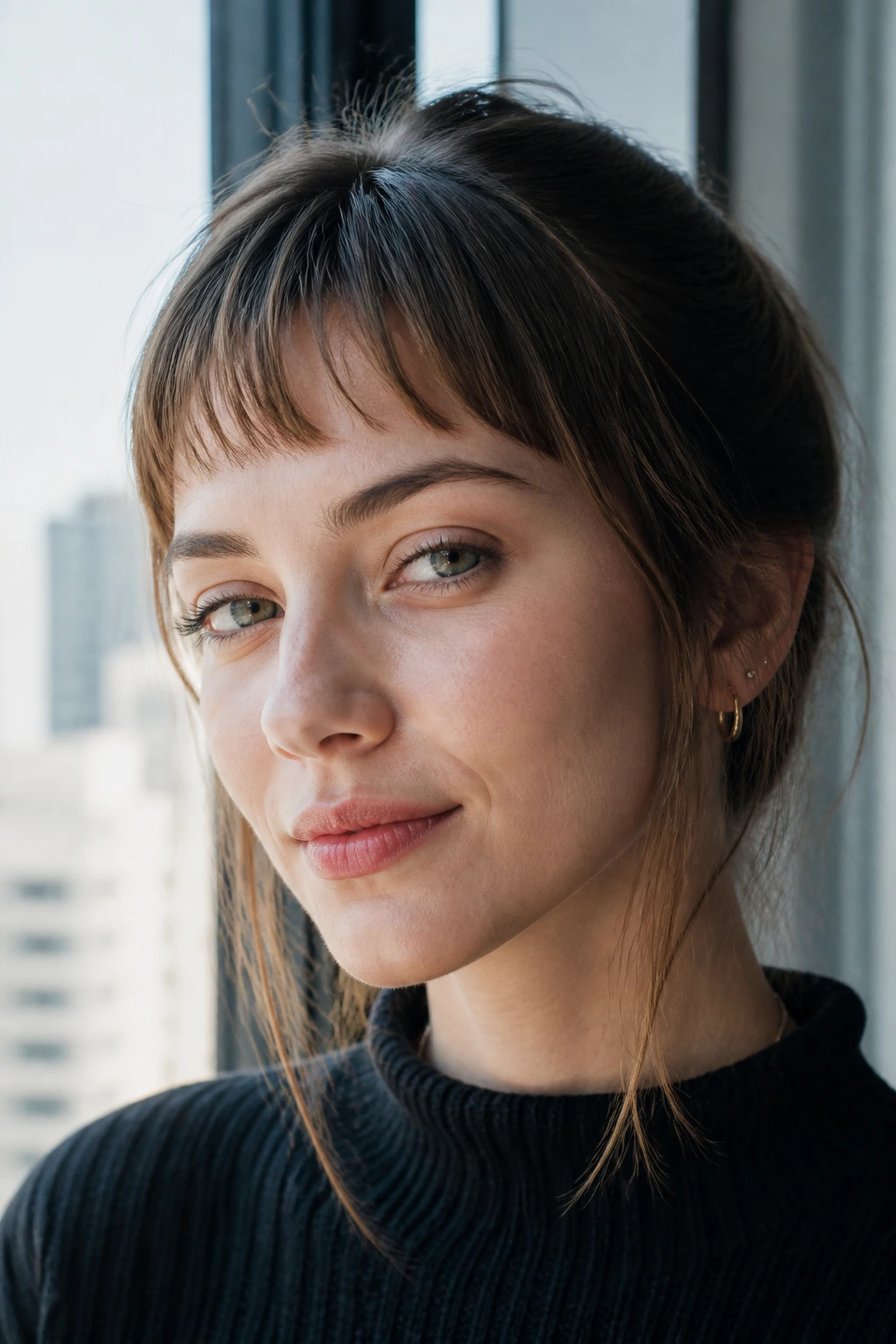 Close-up of a real person with fine hair and airy baby bangs