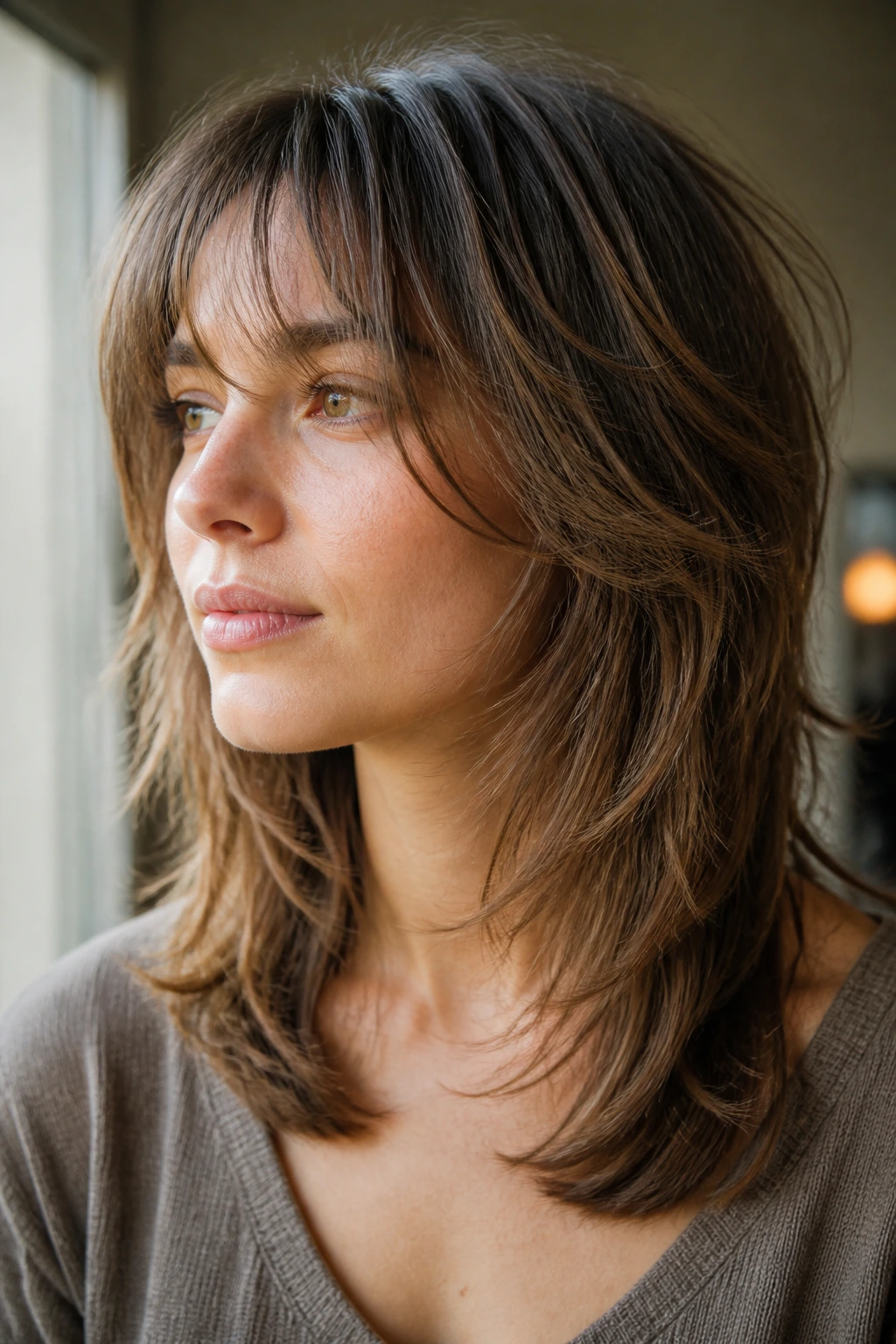 Close-up of a real person with a fine-hair wolf cut featuring airy internal layers and extended outer line.